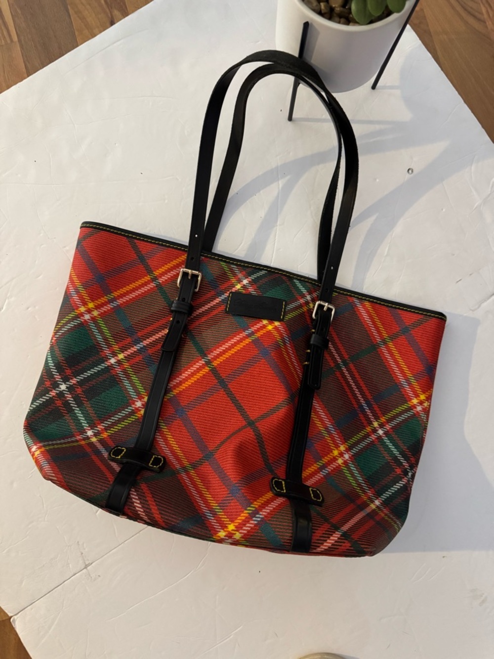 Dooney & Bourke Red Plaid Tote with Black Straps
